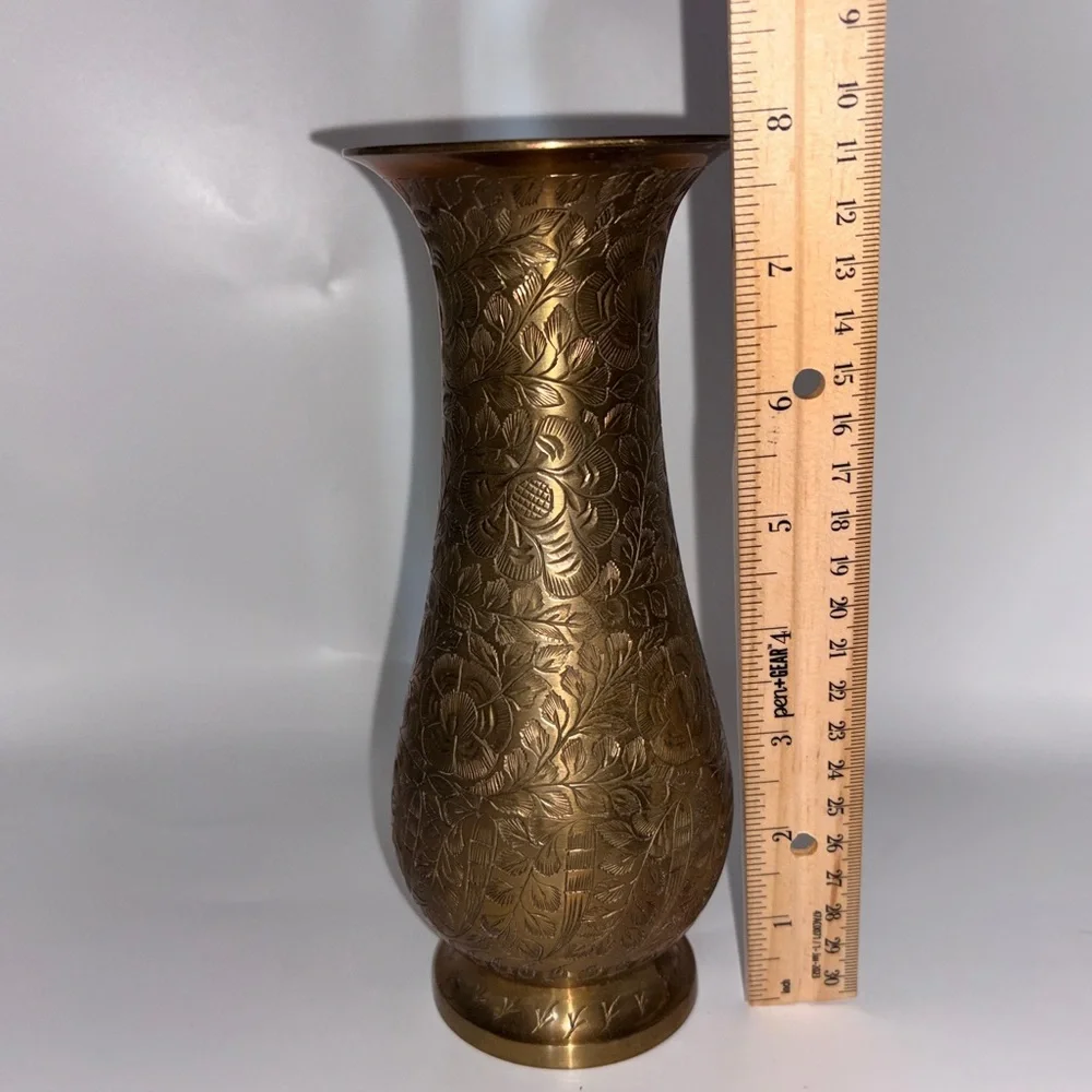 Vintage Brass Floral Engraved Vase - Antique Brass Finish